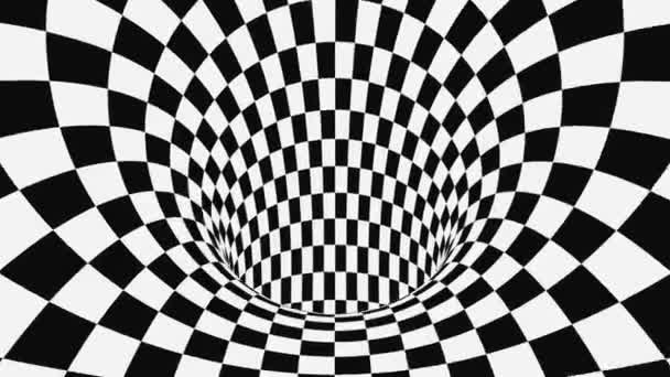 Black and white psychedelic optical illusion. Abstract hypnotic animated background. Checkered geometric looping wallpaper