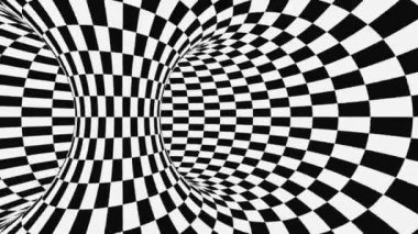 Siyah ve beyaz psychedelic optik yanılsama. Soyut hipnotik animasyonlu arka plan. Damalı geometrik döngü duvar kağıdı