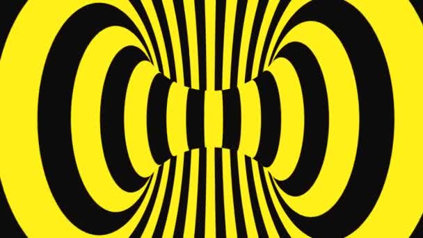 黒と黄色のサイケデリック錯視。抽象的な催眠アニメーションの背景。スパイラル幾何学的ループ警告壁紙 — ストック動画