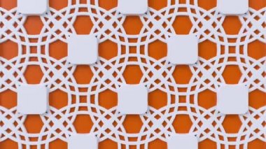 Arabesk döngü geometrik desen. Turuncu ve beyaz İslam 3d motif. Arapça oryantal animasyonlu arka plan.