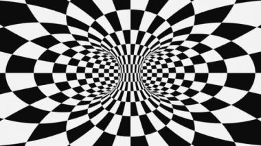 Siyah ve beyaz psychedelic optik yanılsama. Soyut hipnotik animasyonlu arka plan. Damalı geometrik döngü duvar kağıdı