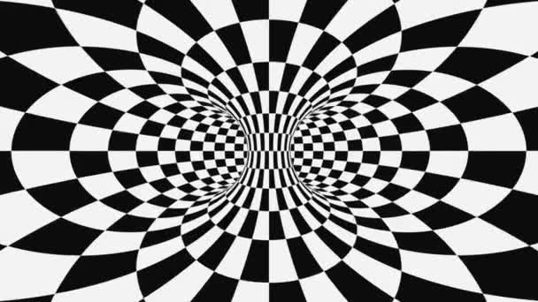 Black and white psychedelic optical illusion. Abstract hypnotic animated background. Checkered geometric looping wallpaper — Stock Video