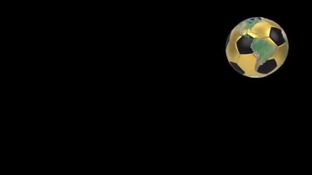 Realistic soccer ball isolated on black screen. 3d seamless looping animation. Detailed world map on black and gold soccer ball. — Stock Video