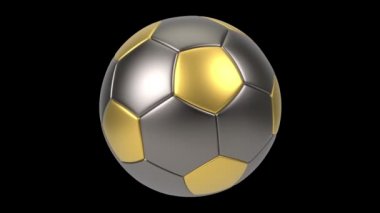 Siyah arka planda izole edilmiş gerçekçi altın ve demir futbol topu. 3d döngü canlandırması.