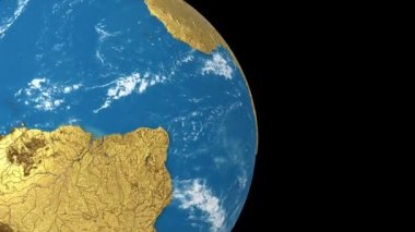 Dünya 'nın altın rengi dönen gezegeni siyah arka planda izole edildi. Dönen 3d dünya küresi kusursuz döngü animasyonu.