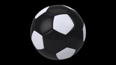 Siyah arka planda izole edilmiş gerçekçi siyah beyaz futbol topu. 3d döngü canlandırması.