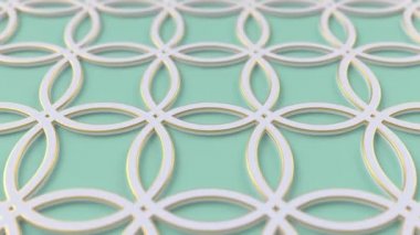 Arabesk geometrik desen. Yeşil ve beyaz İslami 3 boyutlu motif. Arapça doğulu canlandırma arkaplanı.