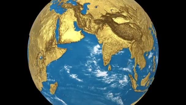 Planeta Tierra giratorio dorado aislado sobre fondo negro. Spinning globo de tierra 3d animación bucle sin costura . — Vídeos de Stock