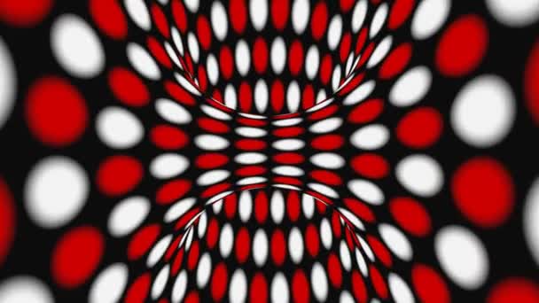 Illusione ottica psichedelica in bianco, nero e rosso. Astratto sfondo ipnotico animato. Polka dot carta da parati loop geometrico — Video Stock