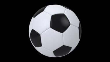 Siyah arka planda izole edilmiş gerçekçi siyah beyaz futbol topu. 3d döngü canlandırması.