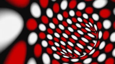 Siyah, kırmızı ve beyaz psikedelik optik illüzyon. Soyut hipnotik animasyon arka planı. Polka noktalı geometrik döngü duvar kağıdı