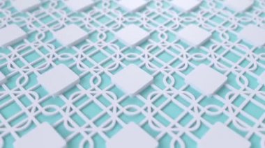 Arabesk geometrik desen. Mavi ve beyaz İslami 3 boyutlu motif. Arap doğulu animasyon arka planı. Müslüman duvar kağıdı taşıyor.