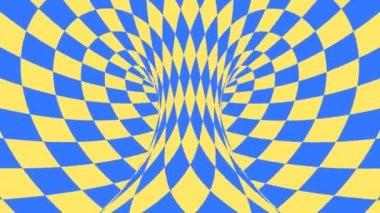 Mavi ve sarı psikedelik optik illüzyon. Soyut hipnotik elmas animasyon arka planı. Eşkenar dörtgen şekilli duvar kağıdı