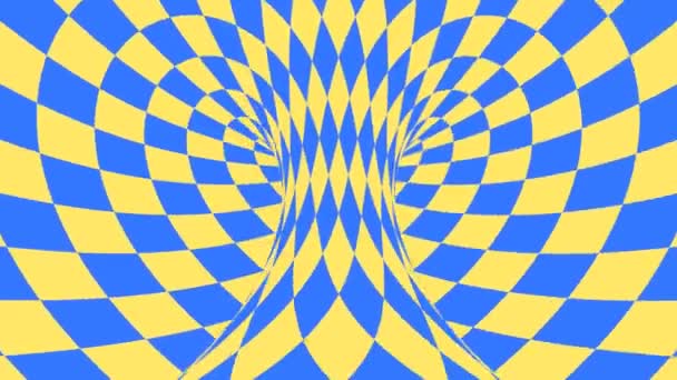Ilusão óptica psicadélica azul e amarela. Abstrato hipnótico diamante fundo animado. Papel de parede com formas de losango — Vídeo de Stock