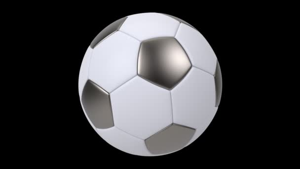 Ballon de football réaliste en fer et blanc isolé sur fond noir. Animation en boucle 3d . — Video