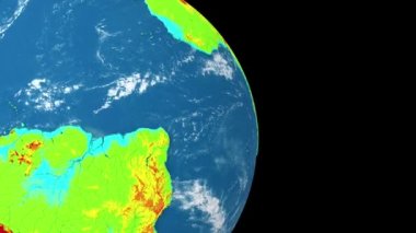 Dünya 'nın dönen gezegeni siyah arka planda izole edildi. Topografik rahatlama, yükseklik dağ haritası. Kusursuz döngü canlandırması.