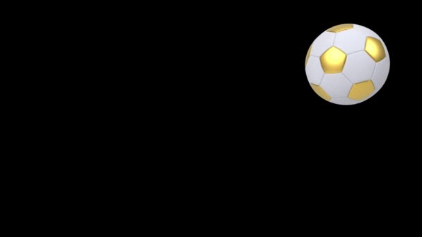 Realistische gouden en witte voetbal bal geïsoleerd op zwarte achtergrond. 3d looping animatie. — Stockvideo
