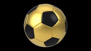 Siyah arka planda izole edilmiş gerçekçi siyah ve altın futbol topu. 3d döngü canlandırması.