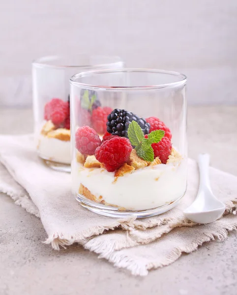 ヨーグルト グラノーラ ガラスの新鮮な果実とデザート — ストック写真