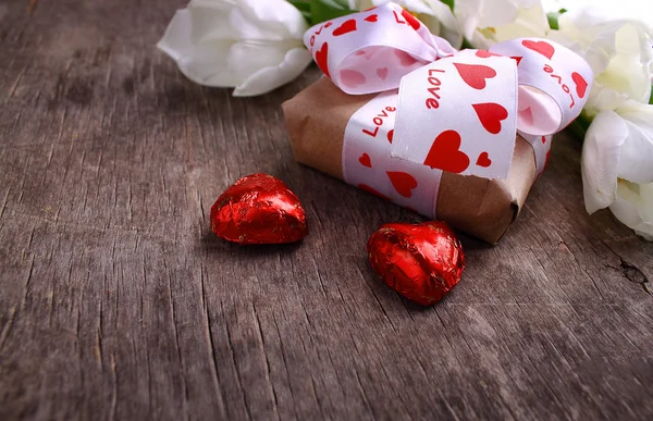 Cadeau Pour Saint Valentin Bouquet Tulipes Bonbons Espace Copie — Photo