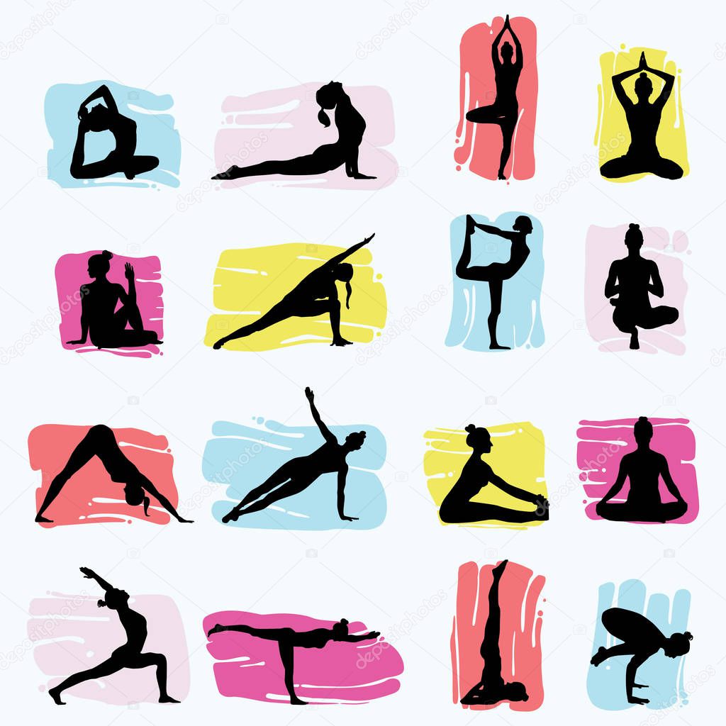 Hand Drawn Yoga Silhouettes, illustration set, vector eps10