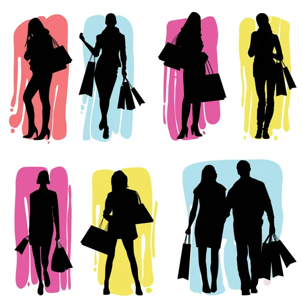 Silhouettes dessinées à la main des femmes faisant du shopping - vecteur eps10 - vecteur — Image vectorielle