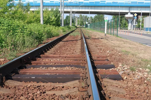 Línea Ferroviaria Que Pasa Por Debajo Del Paso Elevado Traviesas — Foto de Stock