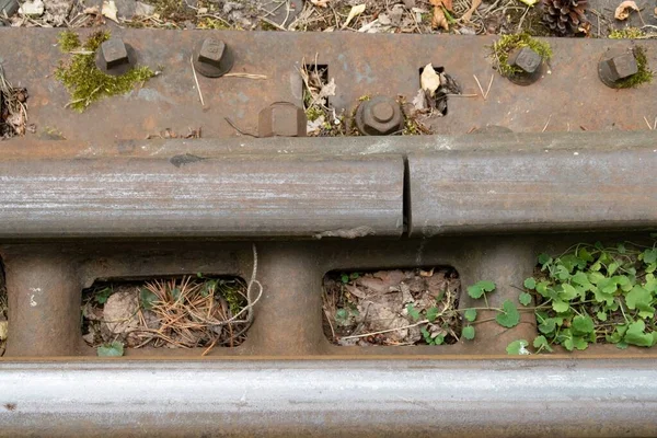Joint of rails next to the arrow, rails fastened with square head bolts and nuts