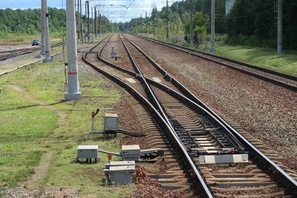 Interruptor Ferrocarril Automático Rieles Que Van Distancia Minimalismo — Foto de Stock