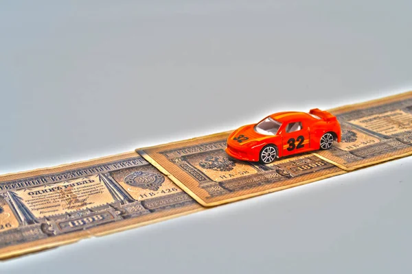 Toy Car Money Road Made Old Russian Banknotes — Stock Photo, Image