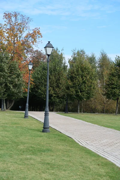 Stezka Dlážděná Dlaždicemi Lucernami Posekaném Trávníku Podzim Park — Stock fotografie