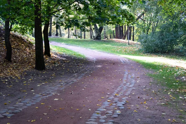 Camino Rojo Bordeado Adoquines Alrededor Los Bordes Otoño — Foto de Stock