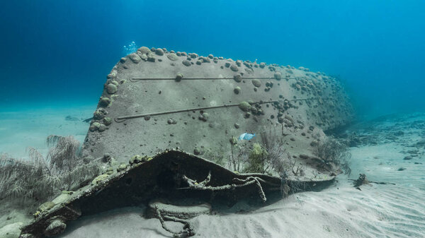 Ship wreck "Black Sand Wreck" in coral reef of Caribbean sea / Curacao with coral and sponge