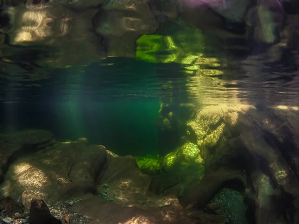 Unterwasserlandschaft Fluss Maggia Schweiz Europa Mit Schnorchler Und Magischen Sonnenstrahlen — Stockfoto