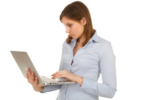 Beautiful Woman Working Laptop Standing — Stock Photo, Image
