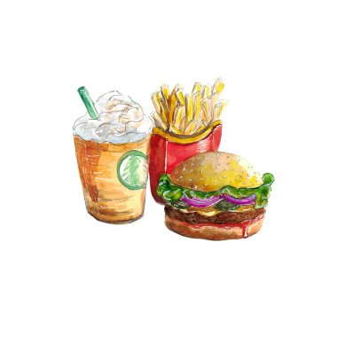 Hamburger, patates kızartması ve muzlu süt boyalı suluboya