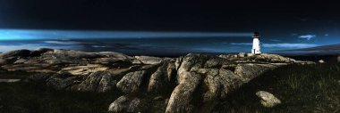 Bir Panorama, Peggy'nin Cove deniz feneri, Nova Scotia, gece