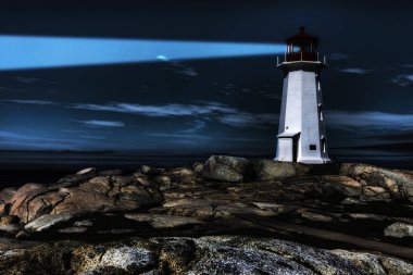 Peggy'nin Cove feneri Nova Scotia görünümünü geceleri