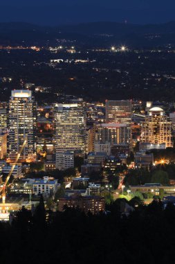 Portland, Oregon'da bir dikey hava gece görünümü