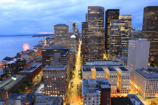 Een Luchtfoto Skyline Van Seattle Washington Avond — Stockfoto