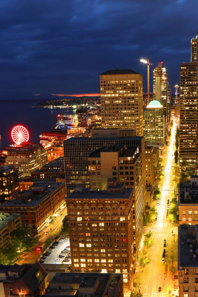 Vertikal Antenn Seattle Washington Skyline Natten — Stockfoto
