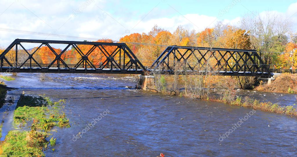 The Westfield River in Westfield, Massachusetts with railway bridge