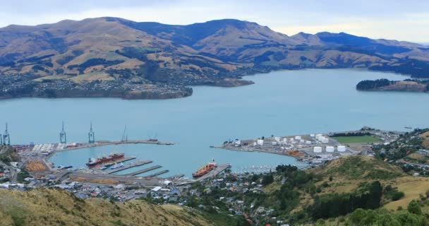 Aeronave Porto Lyttelton Perto Christchurch Nova Zelândia — Vídeo de Stock