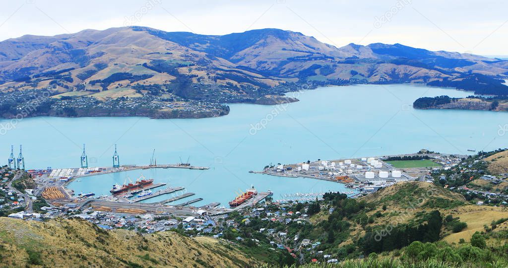 Aerial of Lyttelton, New Zealand near Christchurch