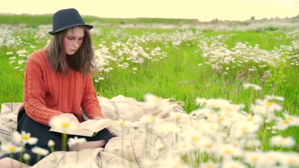 花の間の芝生に座って本を読んでいる若い魅力的な学生の女の子 セーターや帽子を着た女性が田舎や公園で文学を勉強しています デイジーと草 — ストック動画