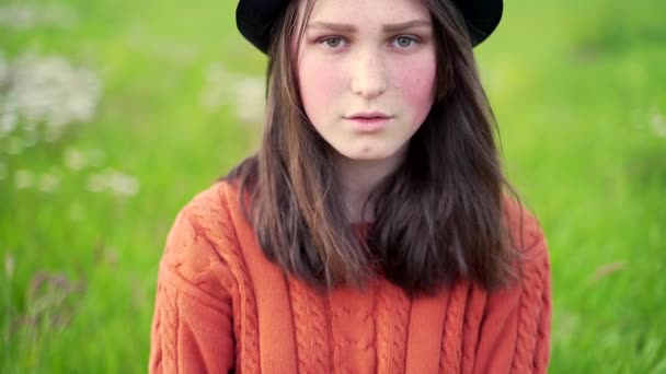 Retrato Una Joven Campesina Sombrero Suéter Sentado Césped Hierba Chica — Vídeos de Stock