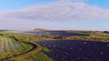 Büyük bir alan güneş panelleriyle kaplıdır. Güneş, güneş panellerinden yansıyor. Ufuk. Hava manzaralı. Yeşil tarlalarla çevrili. Güneş çiftliğinin en üst görüntüsü. modern yenilenebilir enerji