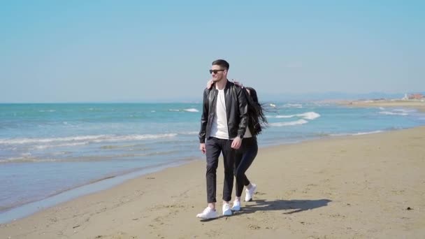 Portrait Stylish Confident Man Sunglasses Black Leather Jacket Girl Runs — Stock Video