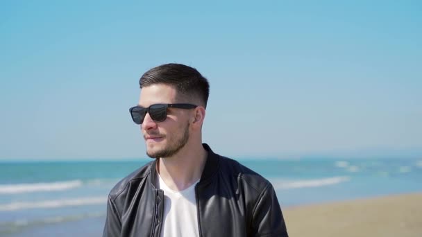 Portrait Stylish Confident Man Sunglasses Black Leather Jacket Girl Runs — Stock Video