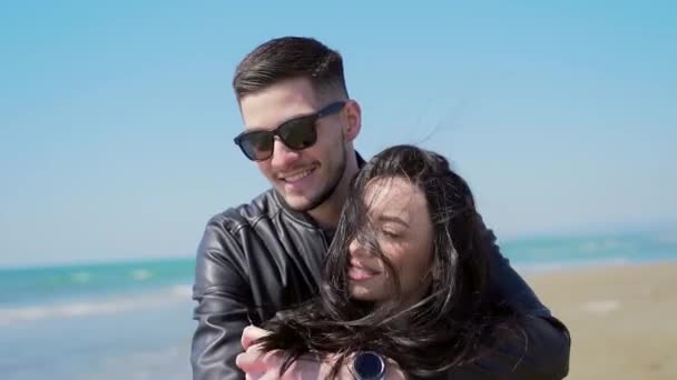 Close Portrait Young Stylish Couple Love Caucasian Face Guy Hugs — Stock Video